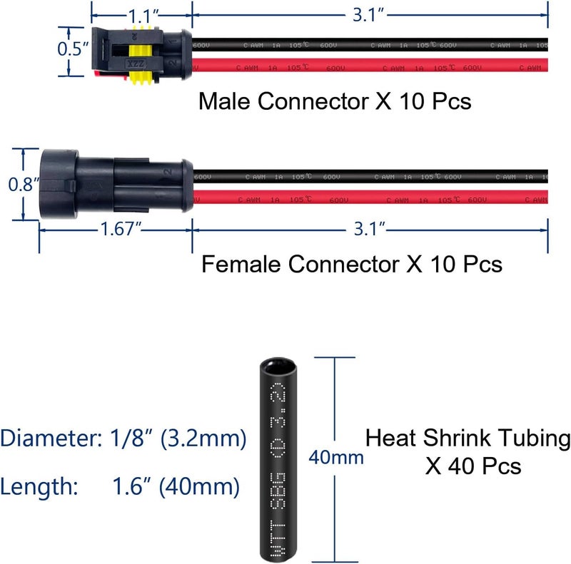 Twippo 10 Kit 16 AWG 2 Pin Connector Car Waterproof Wire Connectors 2 Pin Automotive Electrical Connectors Quick Disconnect 2 Way Wire Terminal Connector Plug and Heat Shrink Tubing Kit - Image 3